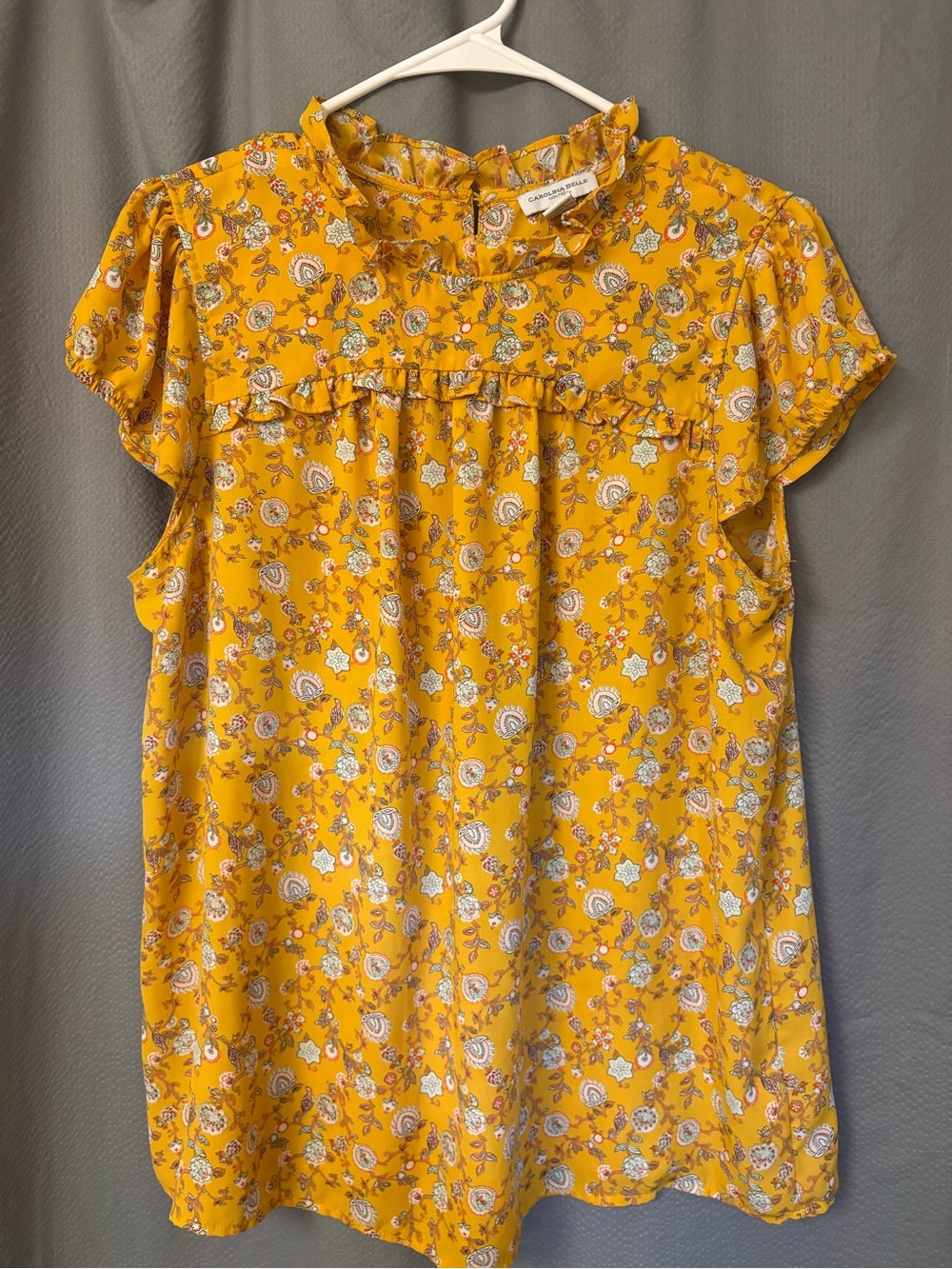 Carolina Belle Mustard Yellow Floral Ruffle-Yoke Blouse
